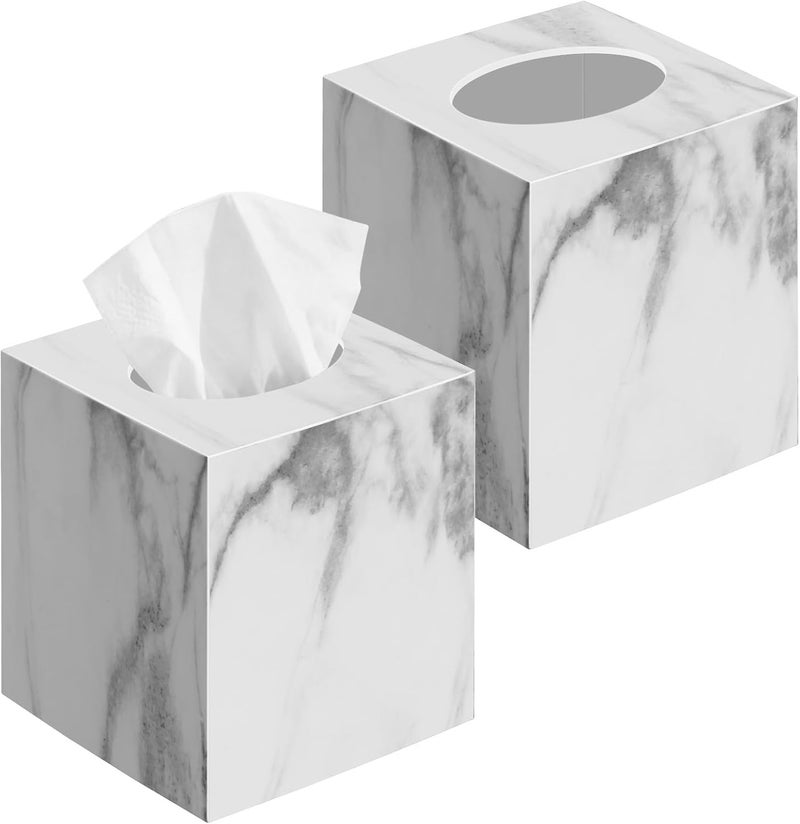 Chintu 2 Pack Marble Tissue Box Cover, Square Acrylic Tissue Holder, Decorative Facial Tissue Box Vessel Cube Paper Organizer Dispenser for Bathroom Office, Night Stand, Desk, Car, Vanity, Countertops - Image 1